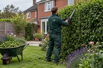 A gardener trimming a tall hedge with a hedge trimmer, with a wheelbarrow of cuttings on the lawn behind a brick house.