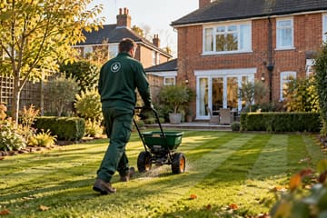 A lawn care worker pushing a spreader across a striped lawn in low autumn sun.