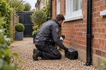A pest control technician kneeling by a bait box at the foot of a brick wall, holding a tablet.