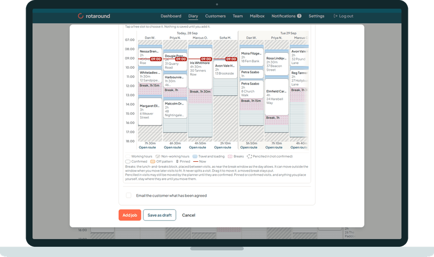 The diary opened inside the add sheet on a laptop: a week of each team member's day, where a free slot can be tapped to choose it.