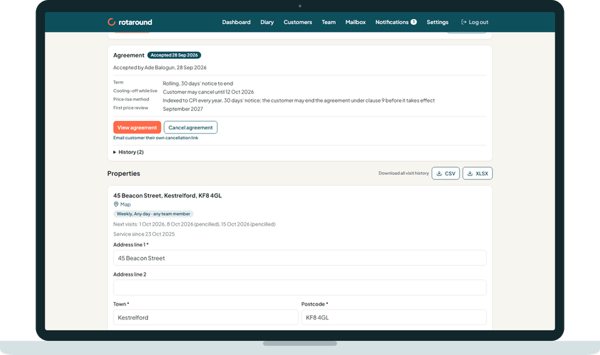 A customer's record on a laptop, showing their accepted agreement with its terms, and the buttons to view it and see its history.