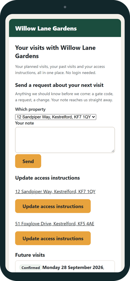 A customer's own page on a phone: their planned visits, each with the day and whether it is the morning or the afternoon, and a box to send a request.
