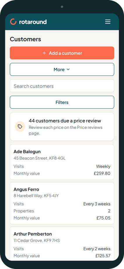 The Customers list on a phone: a search box, the Filters button and each customer as a card.