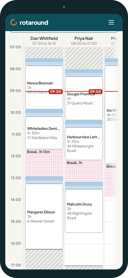 The diary on a phone: today's visits for each team member, one after another, with the time each one starts.
