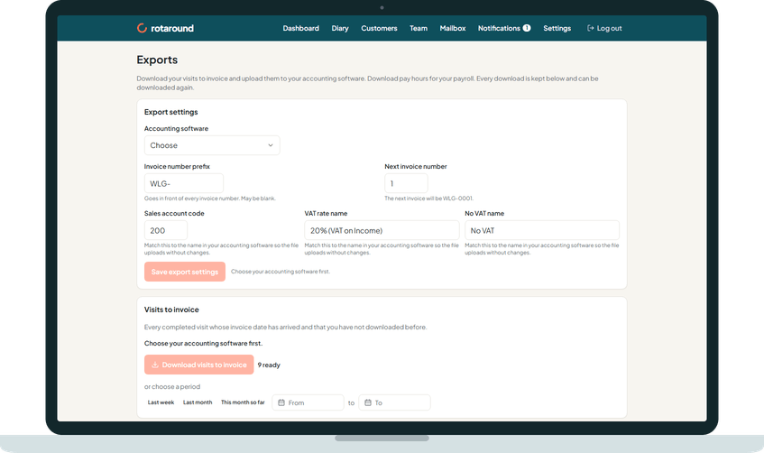 The Exports page on a laptop: the visits ready to invoice, the pay download and the history of every download.