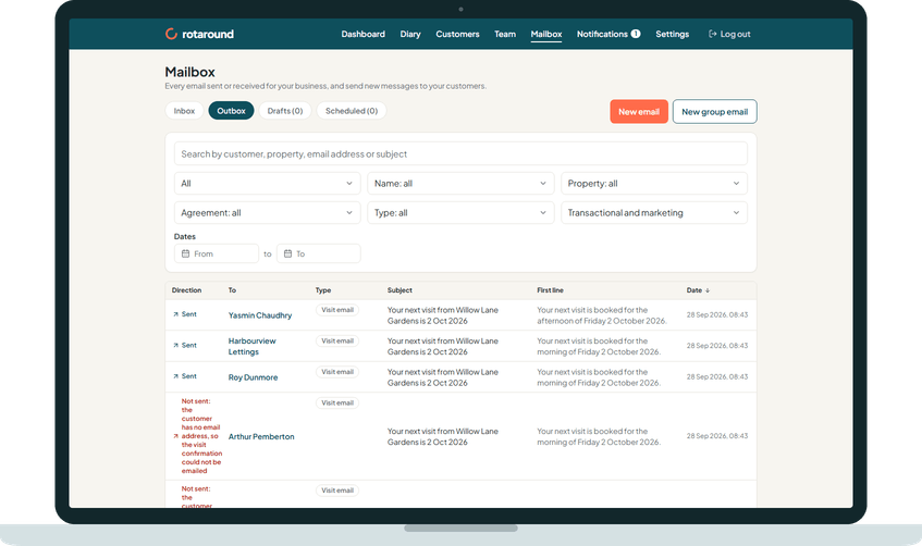 The Mailbox on a laptop: every email sent for the business, with who it went to, its type, its subject and when it was sent.