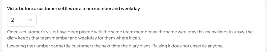 The setting for how many visits in a row settle a customer on a team member and weekday, set to 2.