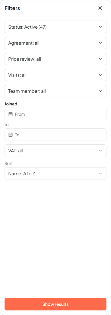 On a phone, the Customers list's filters in a sheet from the bottom, with Show results at its foot.