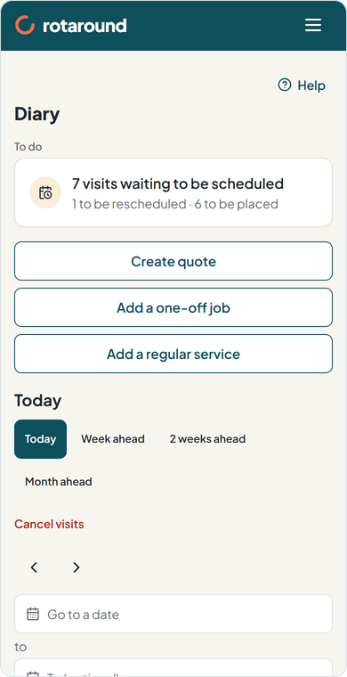 The diary on a phone: today's visits for each team member, with the time each one starts.