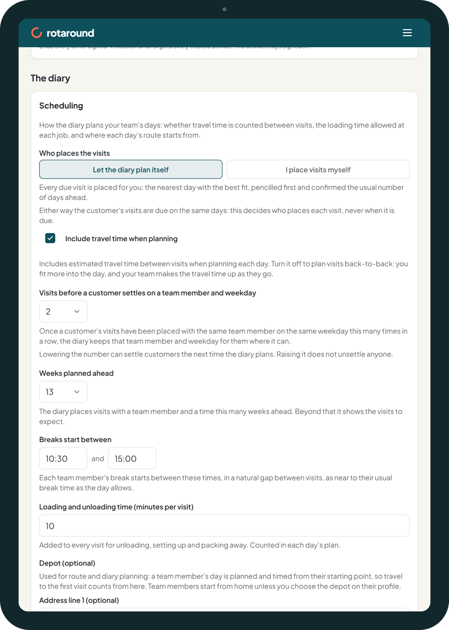 The scheduling settings on a tablet: who places the visits, travel time, how many visits settle a routine, how far ahead the diary plans and the break window.