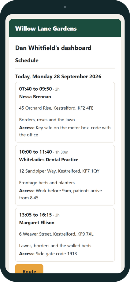 A team member's own page on a phone: today's visits in order with each address, the access instructions and the keys held, and a button for the day's route.