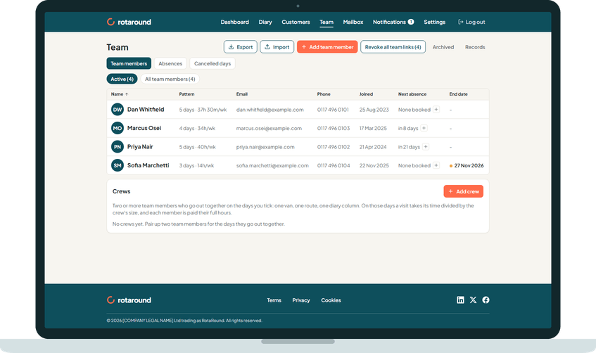 The Team page on a laptop: each team member with their working pattern, contact details and next absence.