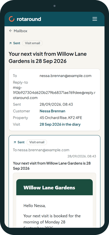 A visit confirmation email on a phone, in the business's own colours: the visit is booked for the morning of a given day.